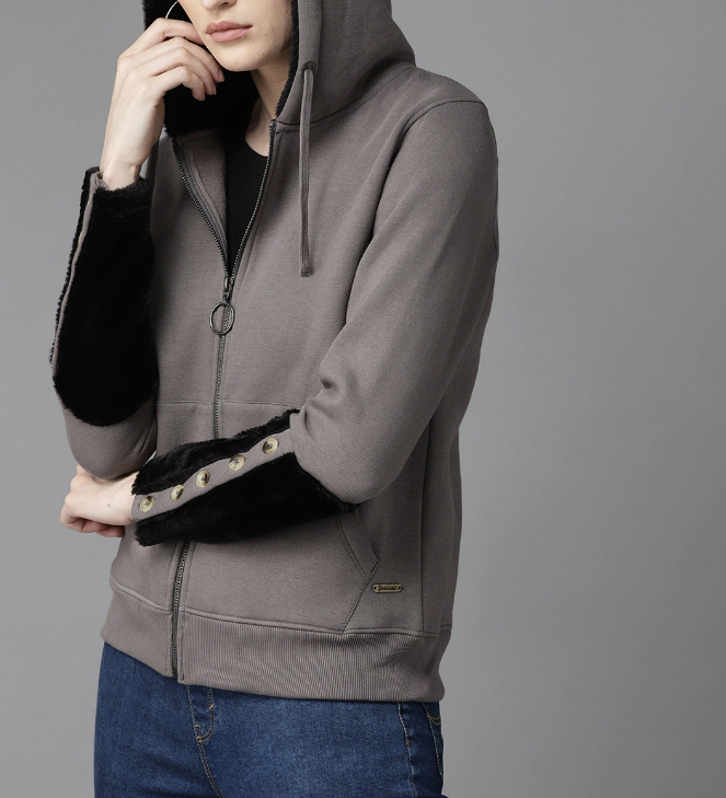 Women Charcoal Grey Faux Fur Detail Hooded Solid Sweatshirt