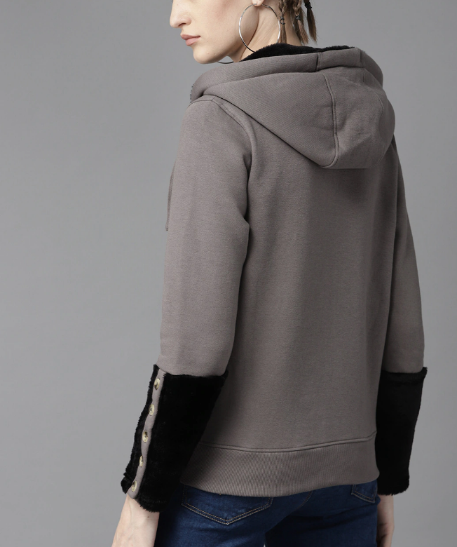 Women Charcoal Grey Faux Fur Detail Hooded Solid Sweatshirt - Image 2