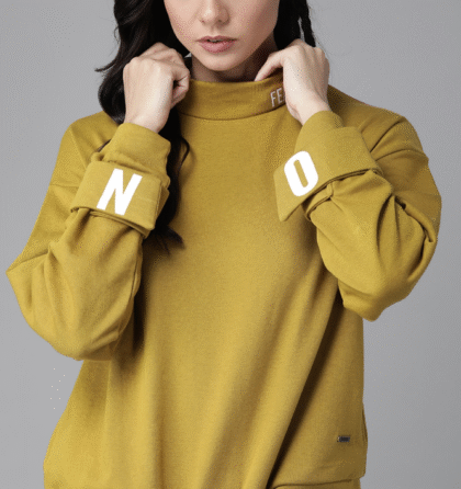 Women Mustard Yellow Solid Sweatshirt