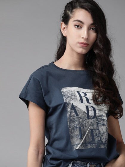 Women Navy Blue Grey Printed Round Neck Pure Cotton T-shirt