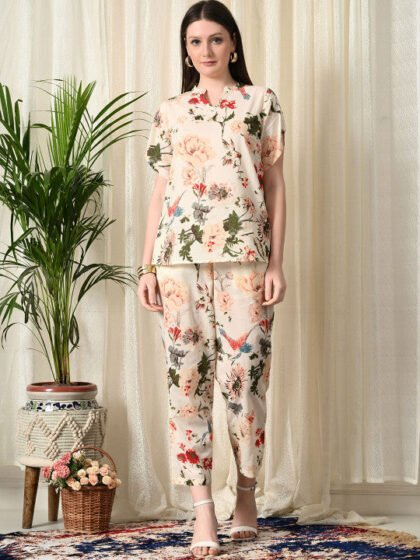 Printed Mandarin Collar Pure Cotton Tunic With Trouser