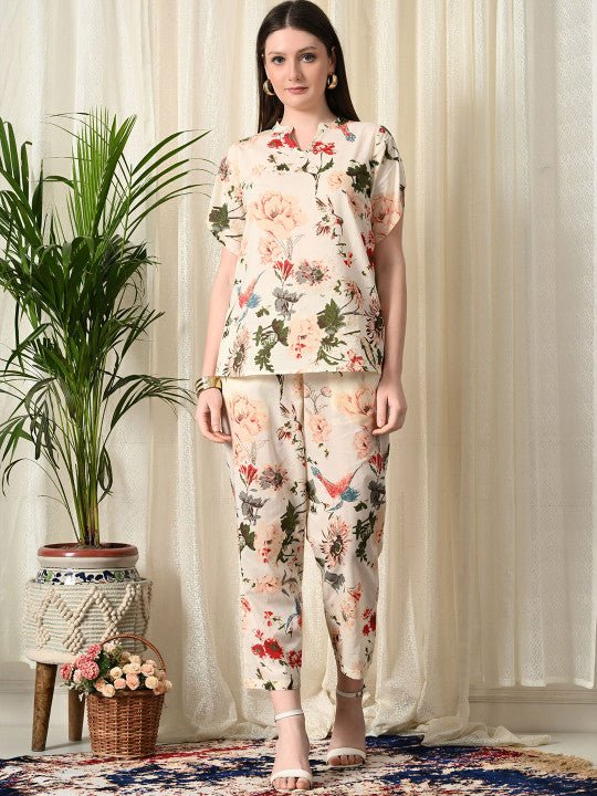 Printed Mandarin Collar Pure Cotton Tunic With Trouser