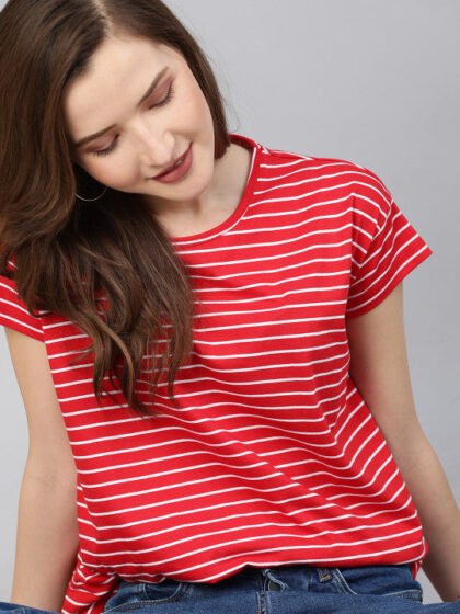 Women Red & White Striped Round Neck T-shirt