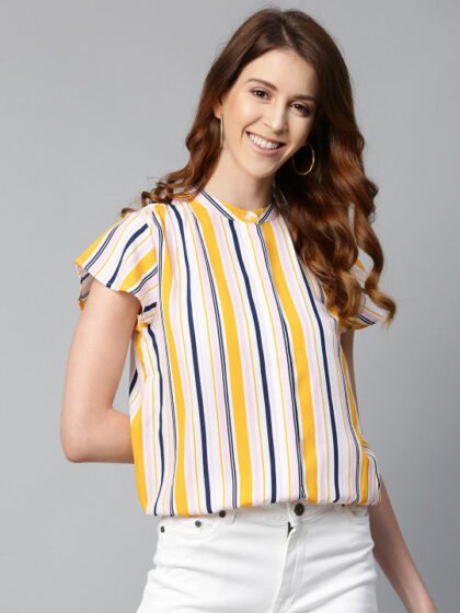 Women Off-White & Mustard Yellow Pleated Candy-Striped Blouson Pure Cotton Top