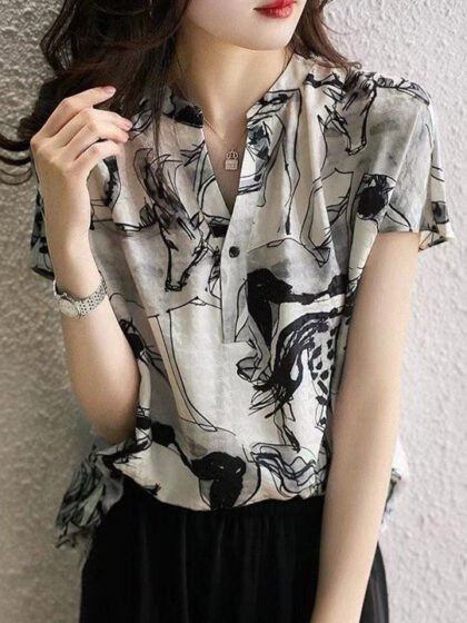 Women Animal Printed Chiffon Shirt Style Top