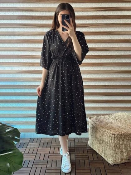 Women Polka Dots V-Neck Fit & Flare Midi Dress