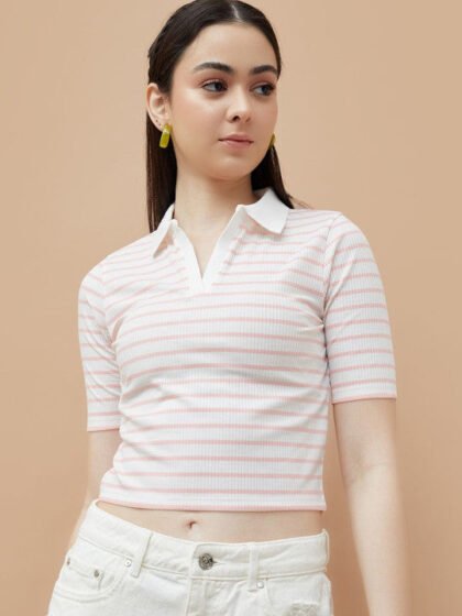 Women Striped Polo Collar Pockets T-shirt