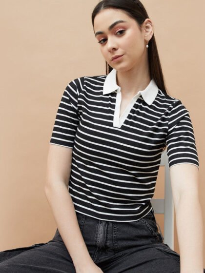 Women Striped Polo Collar Pockets T-shirt