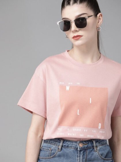 Women Pink Peach-Coloured Printed Pure Cotton Boxy T-shirt
