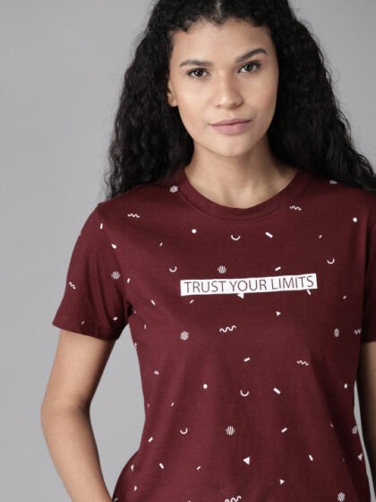 Women Maroon & White Printed Round Neck T-shirt