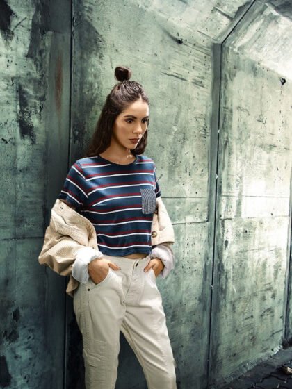 Women Striped Pure Cotton Round Neck T-shirt
