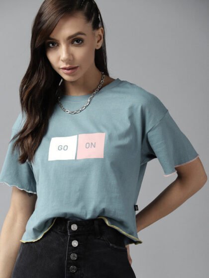 Women Blue & Peach-Coloured Pure Cotton Typography Printed T-shirt