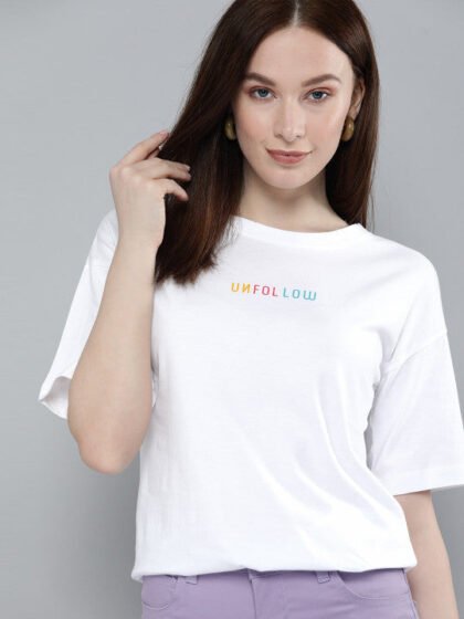 Women White & Multicoloured Typography Printed Casual T-shirt