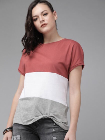 Women Rust Pink Colourblocked Relaxed Fit Cotton T-shirt With Twisted Detail