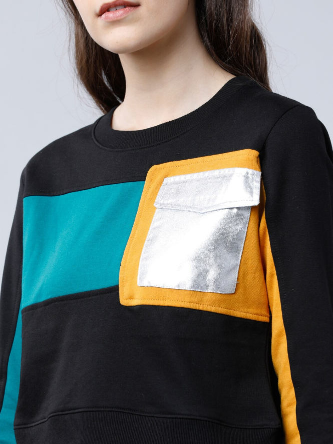 Women Black & Blue Colourblocked Sweatshirt - Image 3