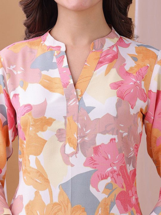 Printed Mandarin Collar Top With Trousers Co-Ords - Image 2