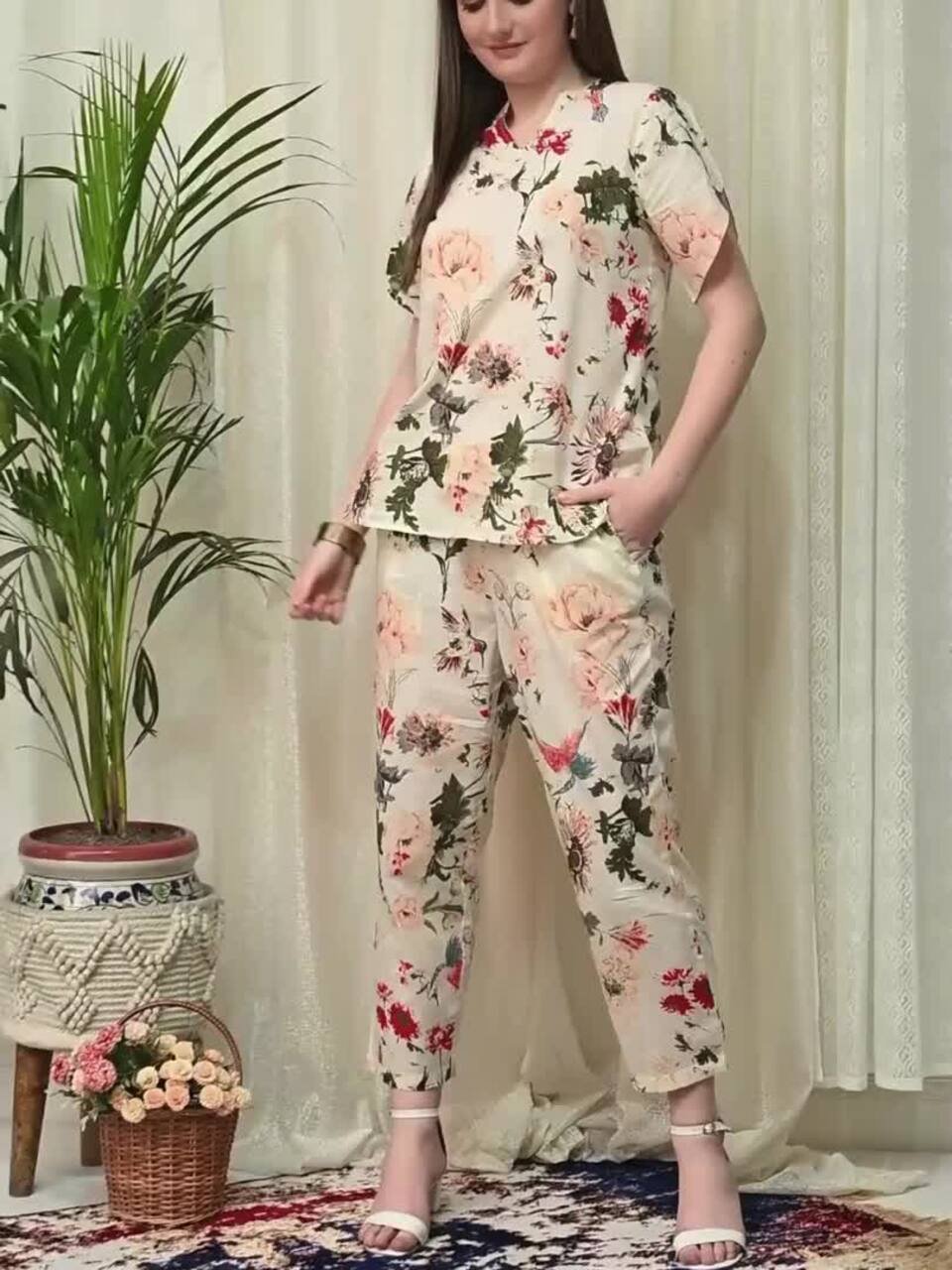 Printed Mandarin Collar Pure Cotton Tunic With Trouser - Image 3