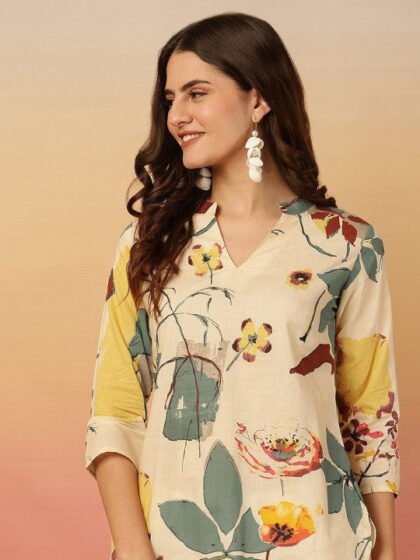 Floral Print Mandarin Collar Cotton Top
