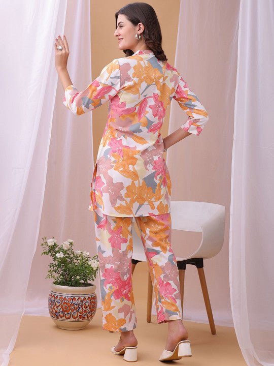 Printed Mandarin Collar Top With Trousers Co-Ords - Image 3