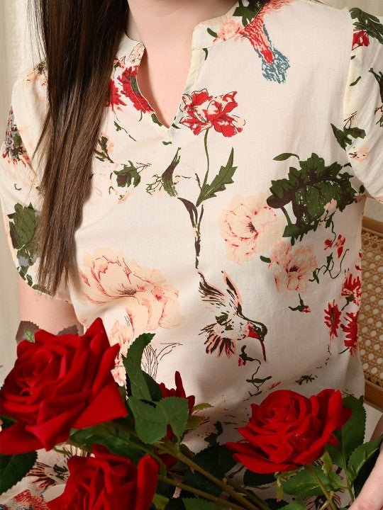 Printed Mandarin Collar Pure Cotton Tunic With Trouser - Image 2