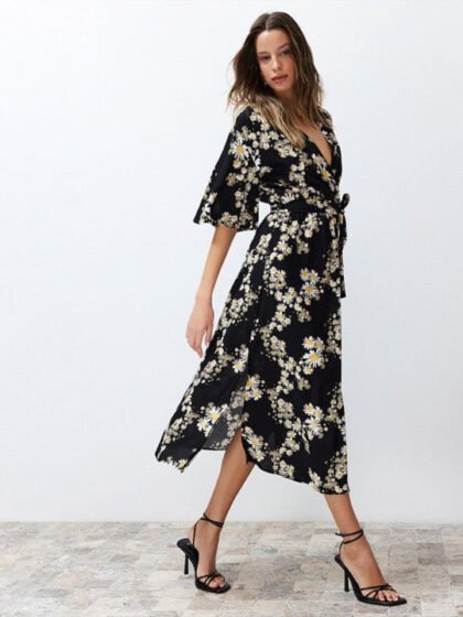 Women Cotton Floral Printed Wrap Midi Dress