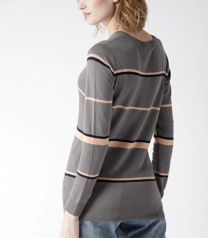 Women Grey & Peach-Coloured Striped Pullover - Image 2