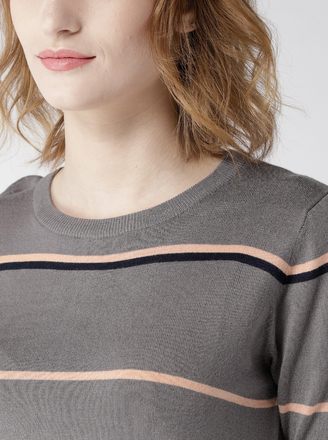 Women Grey & Peach-Coloured Striped Pullover - Image 4