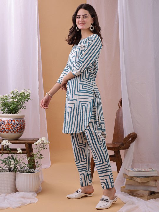 Printed Round Neck Tunic With Trousers Co-Ords - Image 2
