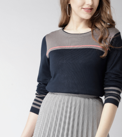 Women Navy Blue & Grey Colourblocked Pullover
