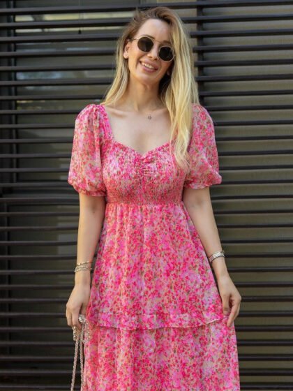Floral Printed Georgette Sweetheart Neck Fit and Flare Maxi Dress