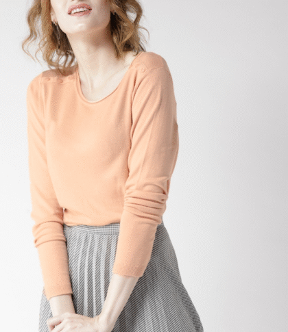 Women Peach-Coloured Solid Pullover