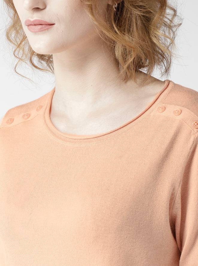 Women Peach-Coloured Solid Pullover - Image 3