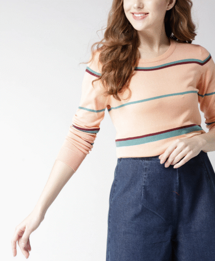 Women Peach-Coloured & Teal Green Striped Pullover
