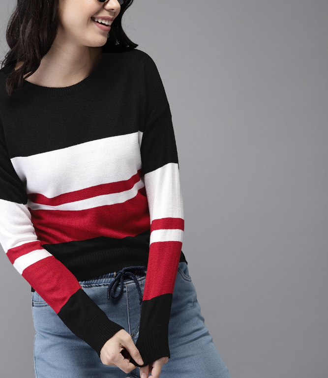 Women Black & White Colourblocked Sweater