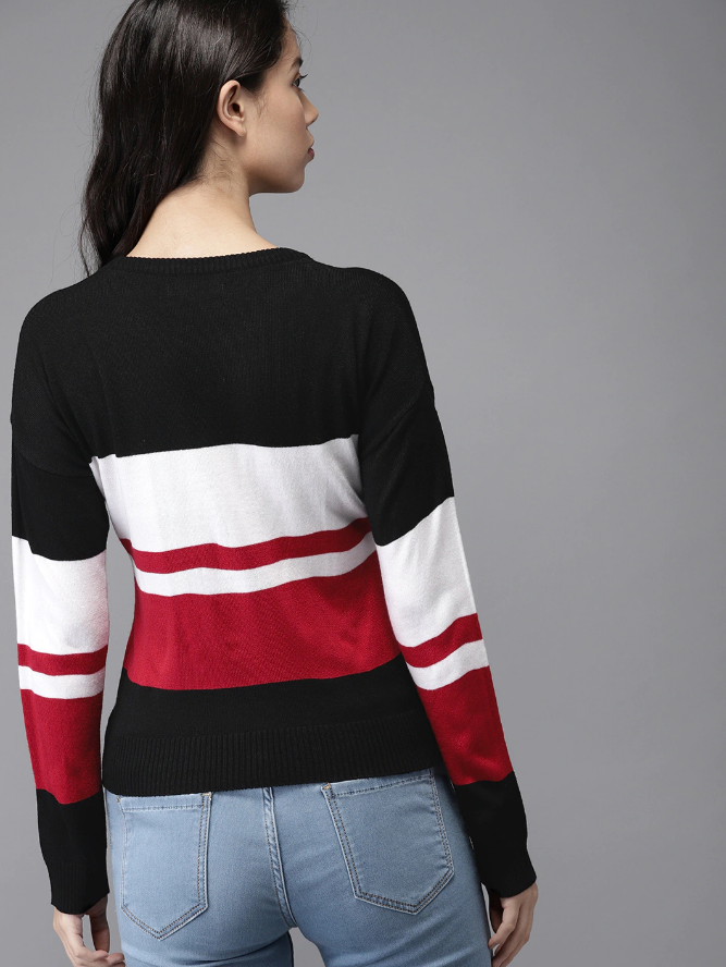 Women Black & White Colourblocked Sweater - Image 2