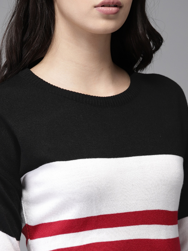 Women Black & White Colourblocked Sweater - Image 3