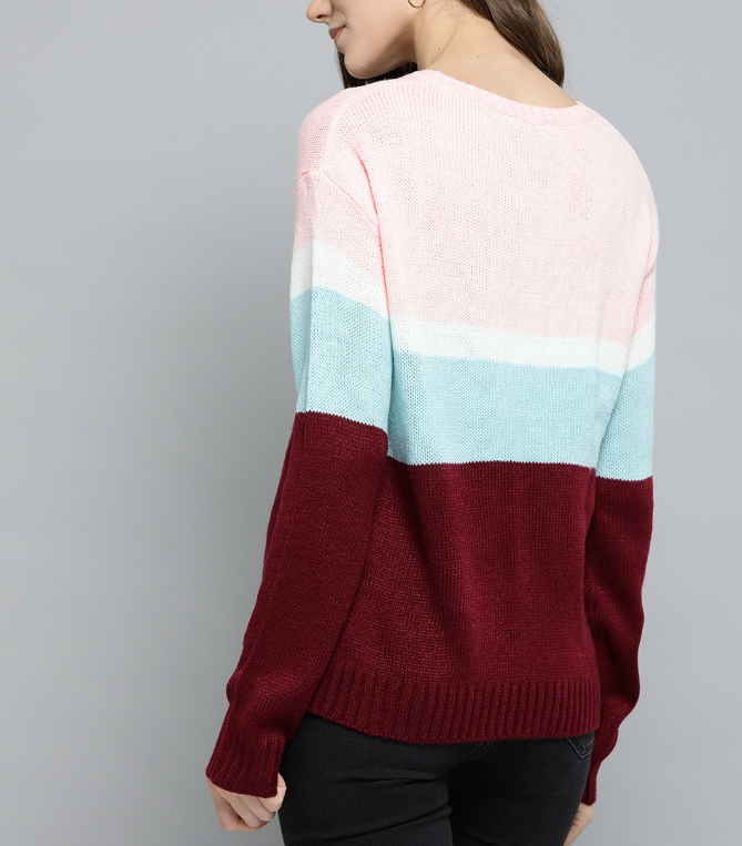 Women Pink & Blue Colourblocked Pullover Sweater - Image 2