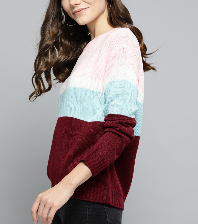 Women Pink & Blue Colourblocked Pullover Sweater - Image 3