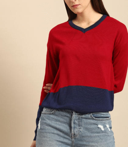 Women Red & Navy Blue Colourblocked Acrylic Sweater