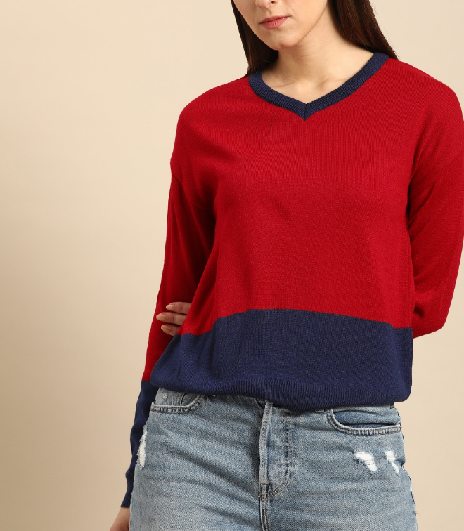 Women Red & Navy Blue Colourblocked Acrylic Sweater