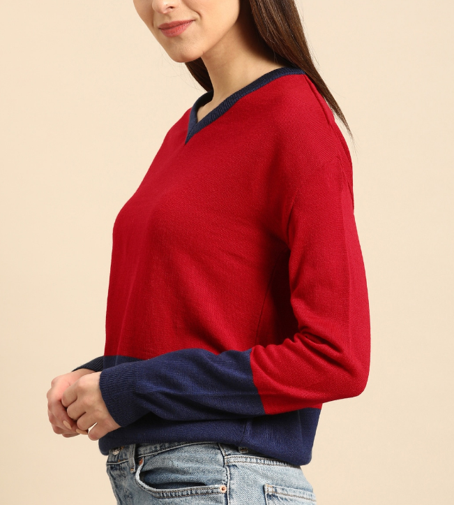 Women Red & Navy Blue Colourblocked Acrylic Sweater - Image 2