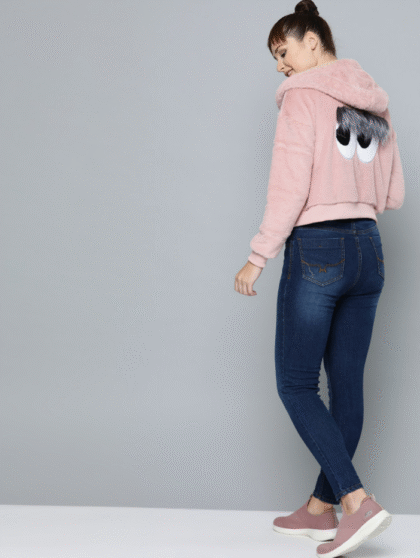 Women Pink Faux Fur Cropped Hooded Sweatshirt