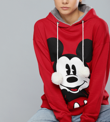 Women Red & White Mickey Mouse Printed Hooded Sweatshirt