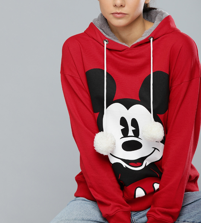 Women Red & White Mickey Mouse Printed Hooded Sweatshirt