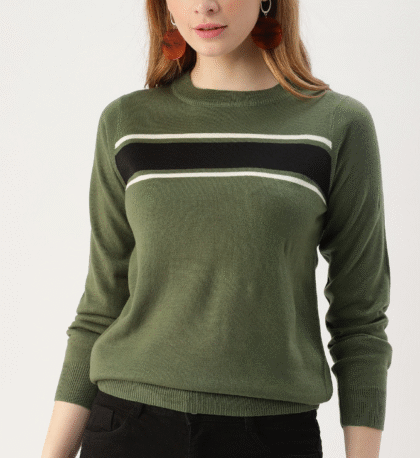 Women Olive Green & Black Colourblocked Sweater