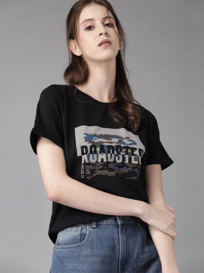 Women Black & Grey Printed Round Neck T-shirt