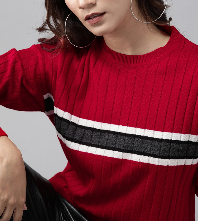 Women Acrylic Red & White Self-Striped Pullover Sweater