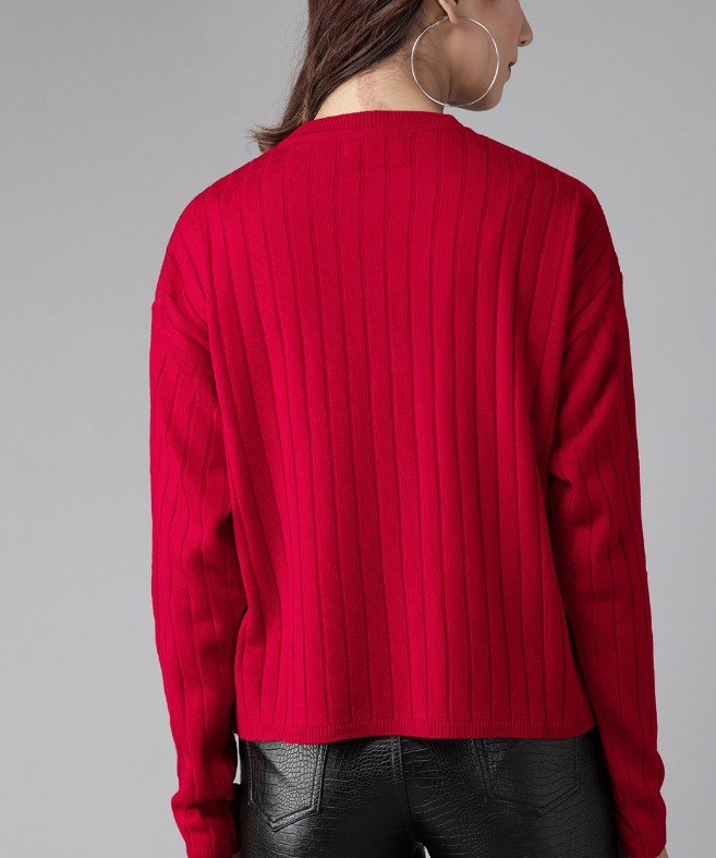 Women Acrylic Red & White Self-Striped Pullover Sweater - Image 2
