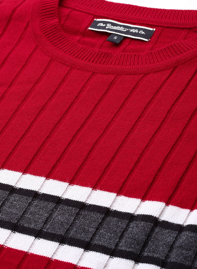 Women Acrylic Red & White Self-Striped Pullover Sweater - Image 3