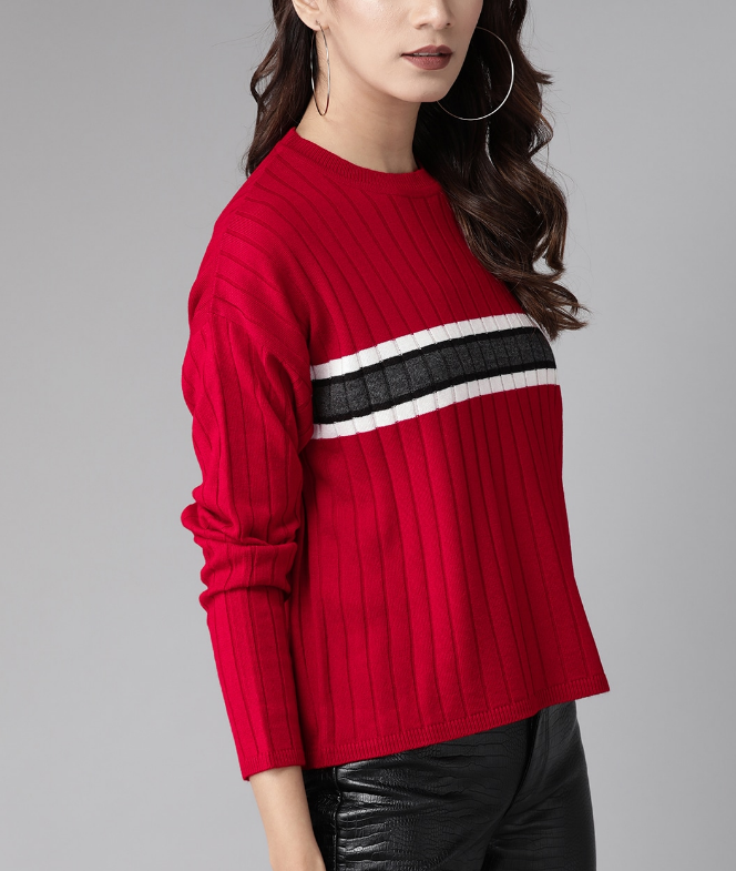 Women Acrylic Red & White Self-Striped Pullover Sweater - Image 5